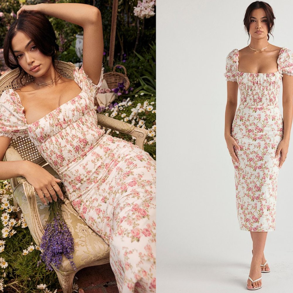 House of CB ‘Bellucini’ Rose Print Shirred Sundress NWOT